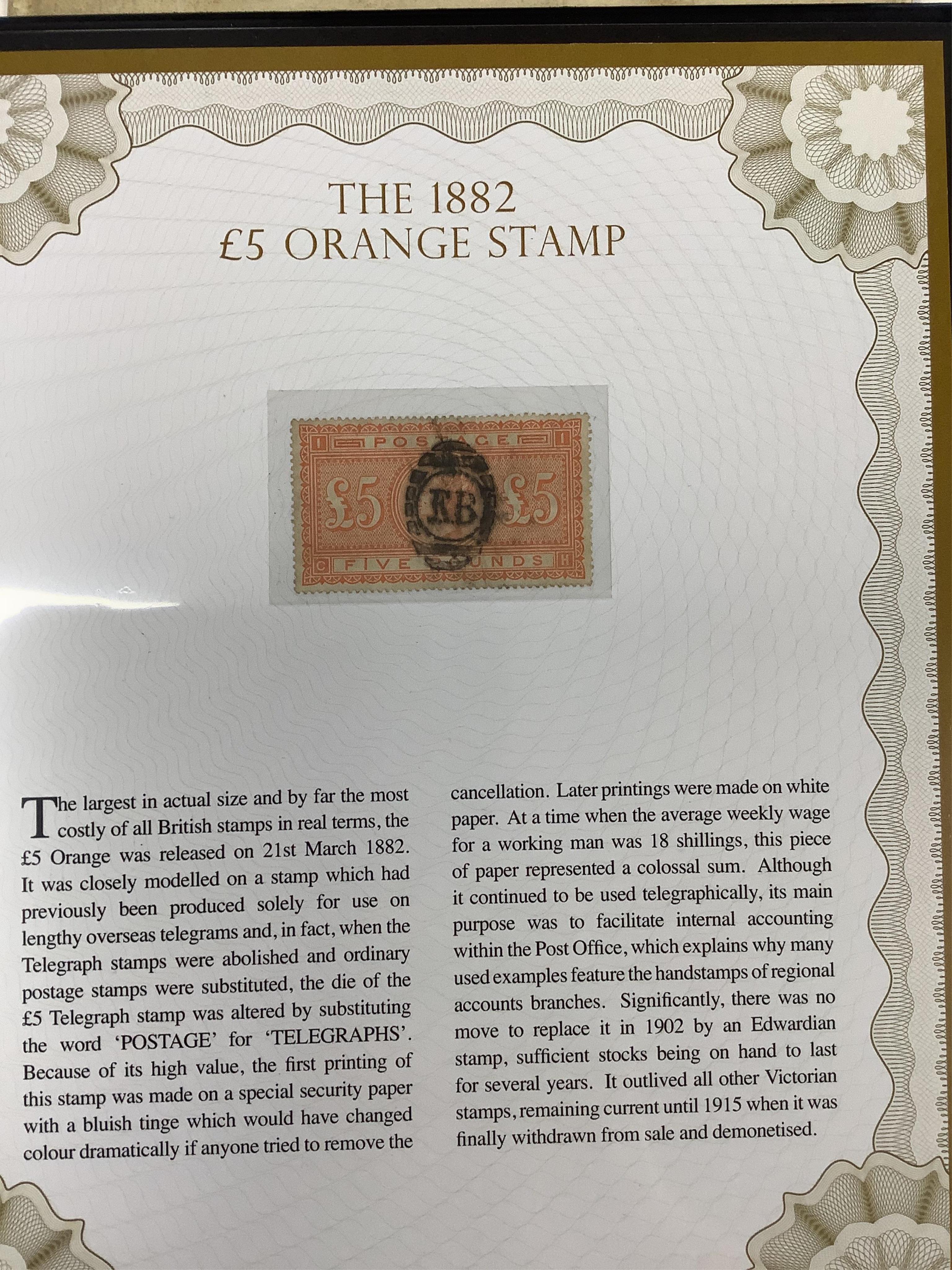 1882 £5 Orange Stamp, used, in Westminster Collection case with certificate